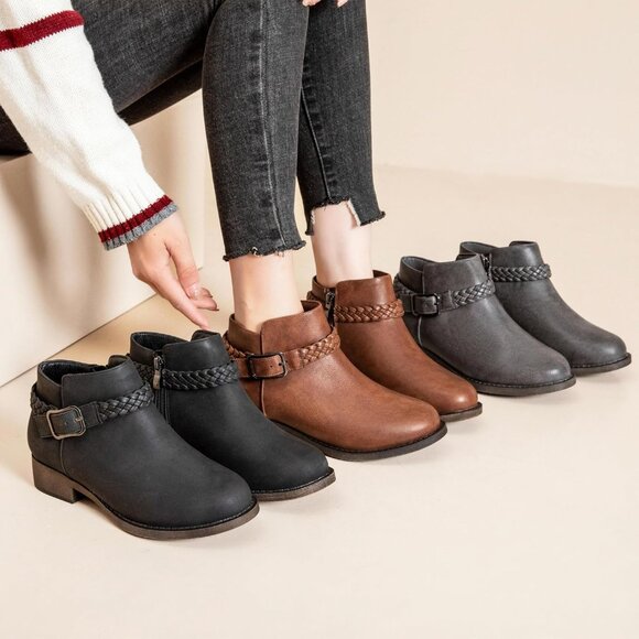 Veittes Women's Brown Comfort Slip On Low Chunky Heel Boot with Buckle Strap - Picture 6 of 6